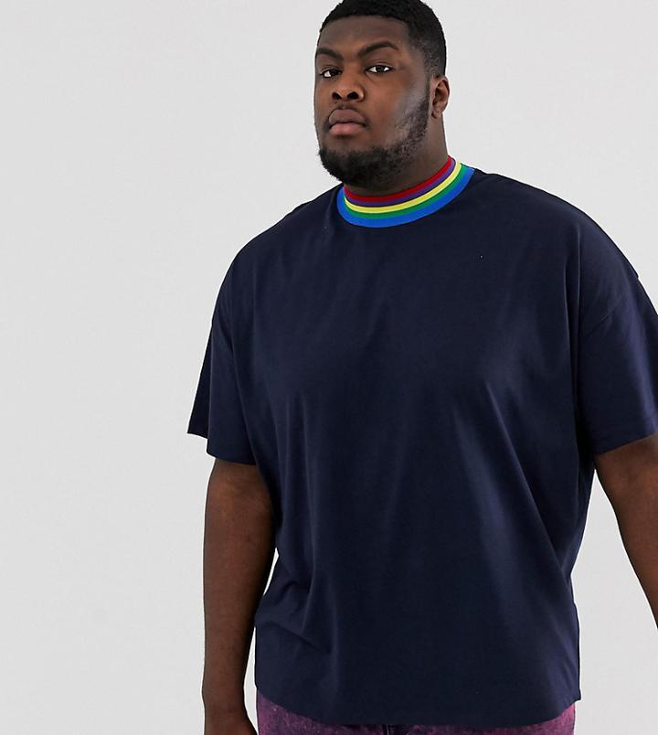 Asos Design Plus Oversized Longline T-shirt With Rainbow Turtleneck In Navy - Navy