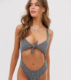 Brave Soul Tie Front Cut Out Swimsuit In Gingham - Black