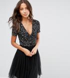 Maya Tall V Neck Mini Tulle Dress With Tonal Delicate Sequins - Black