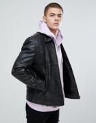 Asos Leather Jacket With Fleece Lining In Black - Black