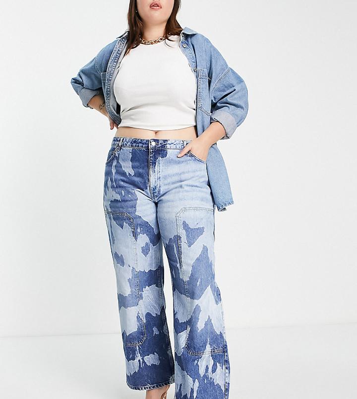 Asos Design Curve Cotton Blend Low Rise 'relaxed' Dad Jeans In Tie Dye With Utility Patches - Mblue-blues