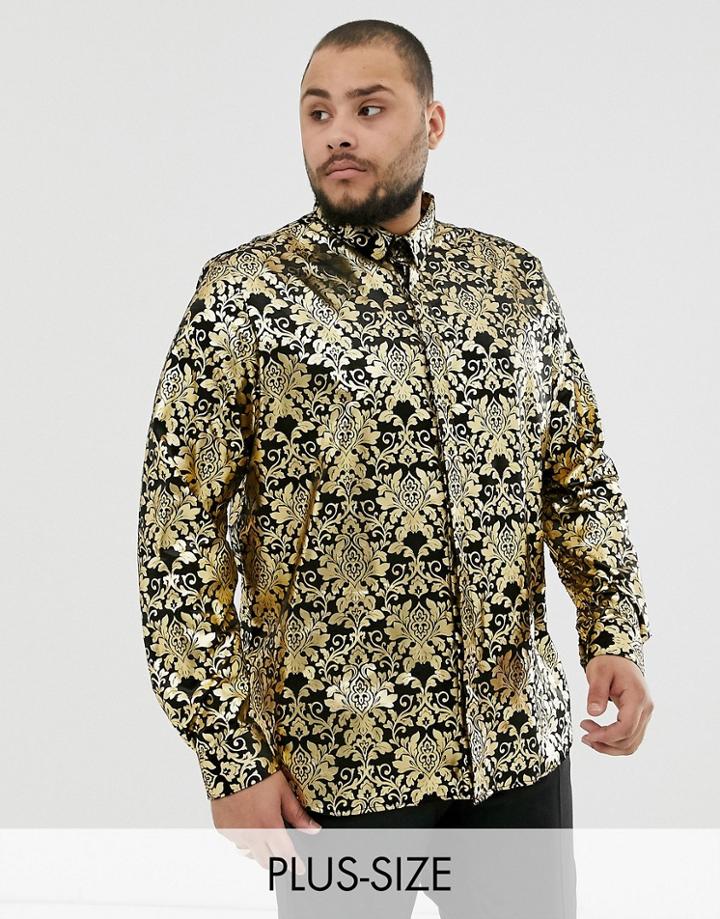 Twisted Tailor Plus Velvet Shirt With Gold Baroque Print
