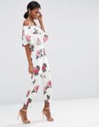 Asos Jumpsuit With Ruffle Off Shoulder Detail In Floral Print - Multi