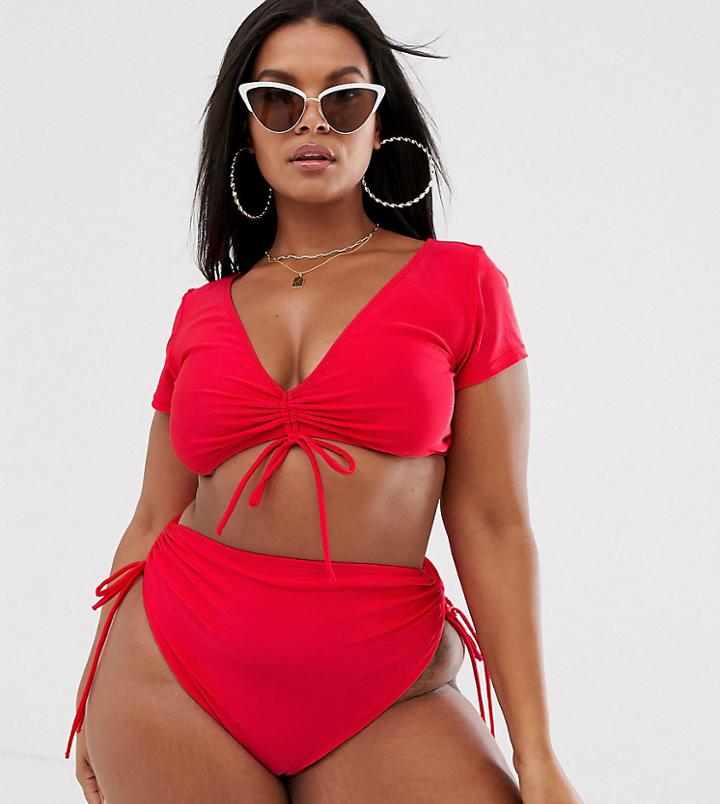 Asos Design Curve High Leg High Waist Ruched Side Bikini Bottom In Venere Red