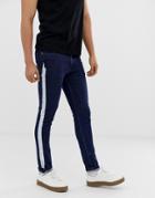 Asos Design Super Skinny Jeans With White Stripe In Indigo - Blue