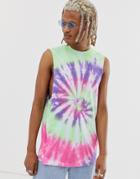 Asos Design Relaxed Sleeveless T-shirt With Dropped Armhole With Neon Tie Dye Wash-multi