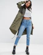 Asos Parka With Mesh Layer And Sleeve Detail - Green