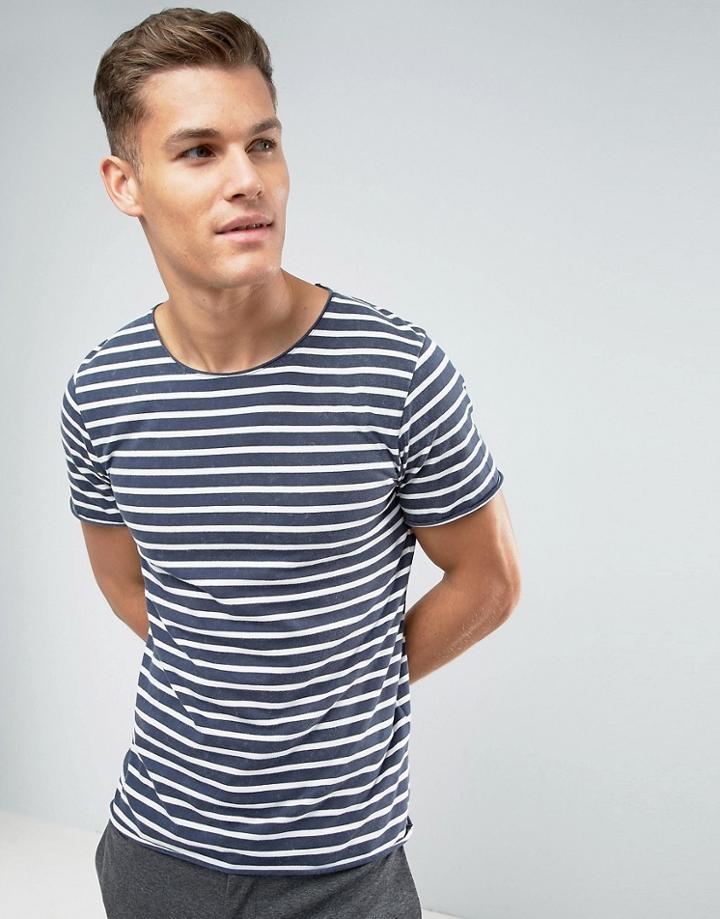 Selected Homme T-shirt With Stripe And Scoop Neck - Navy