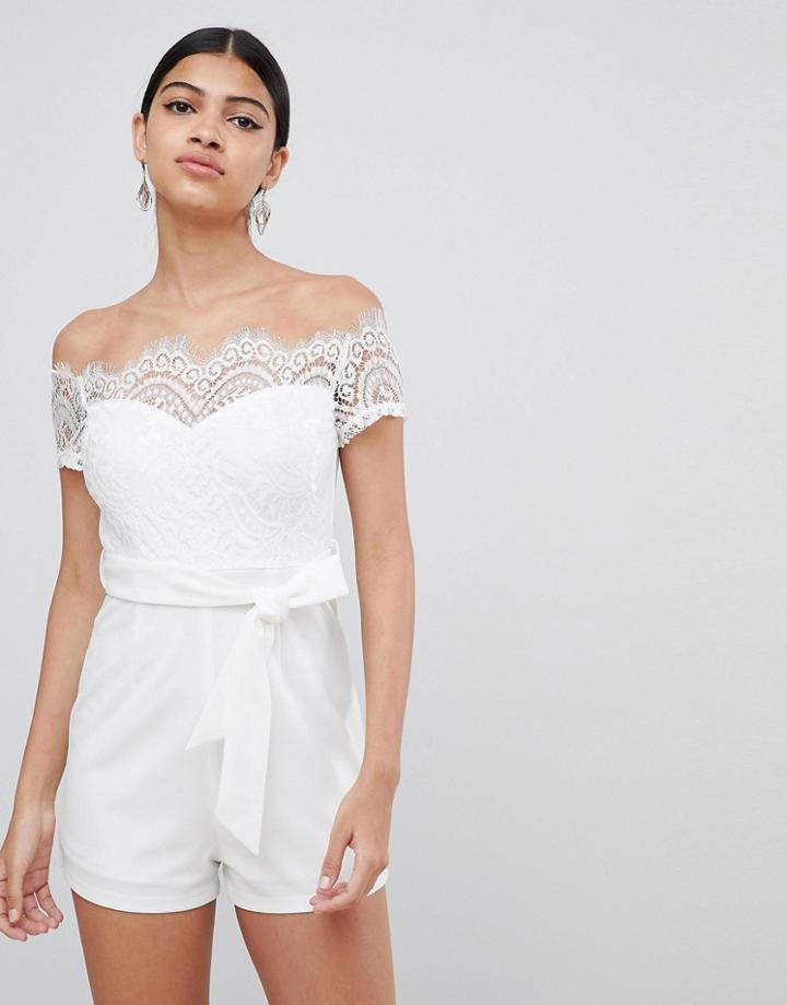 Love Triangle Lace Top Bardot Romper With Tie Waist-white