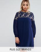 Little Mistress Plus Floral Embroidered Shift Dress - Navy