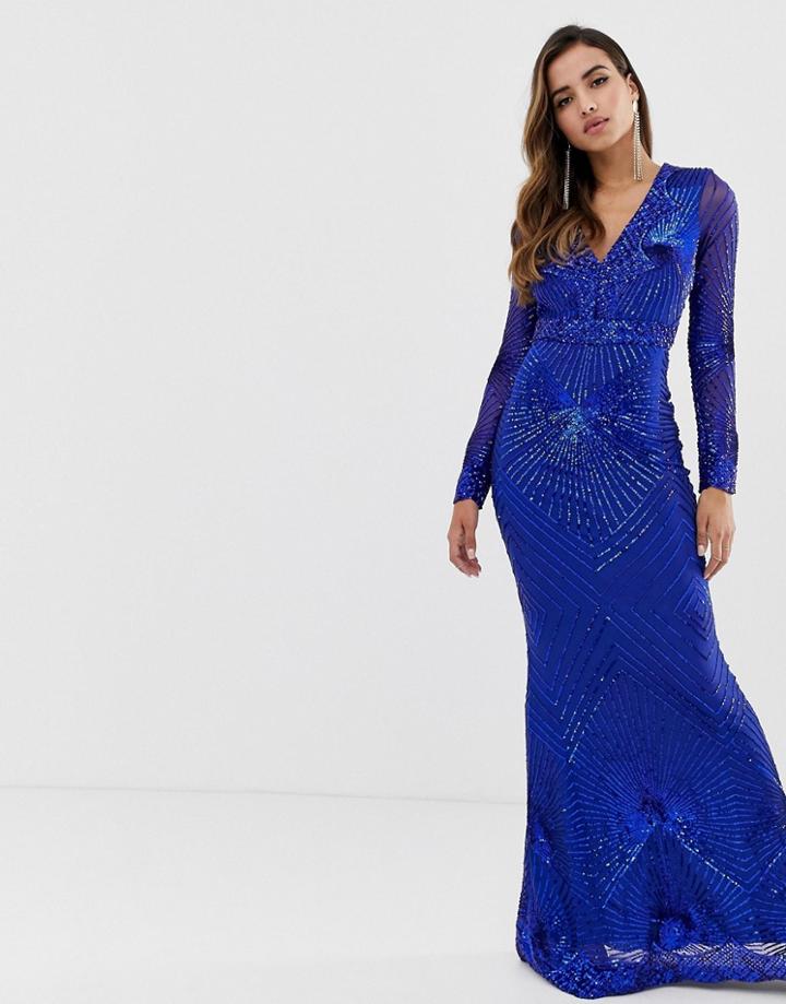Goddiva Plunge Embellished Sequin Maxi Dress With Long Sleeves In Colbalt - Blue