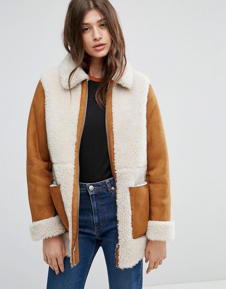 Asos Faux Shearling Coat - Tan