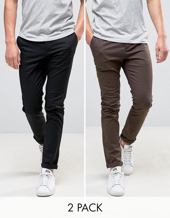 Asos 2 Pack Skinny Chinos In Black & Brown Save - Multi