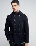 Celio Double Breasted Quilted Jacket In Wool Mix - Navy