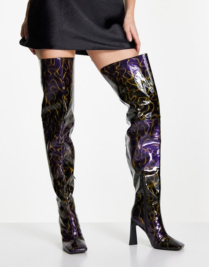 Asos Design Kensington High-heeled Square Toe Over The Knee Boots In Multi Patent