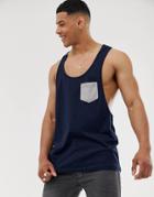 Asos Design Extreme Racer Back Tank With Contrast Pocket In Navy