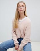 New Look V Neck Fluffy Sweater In Nude - Pink