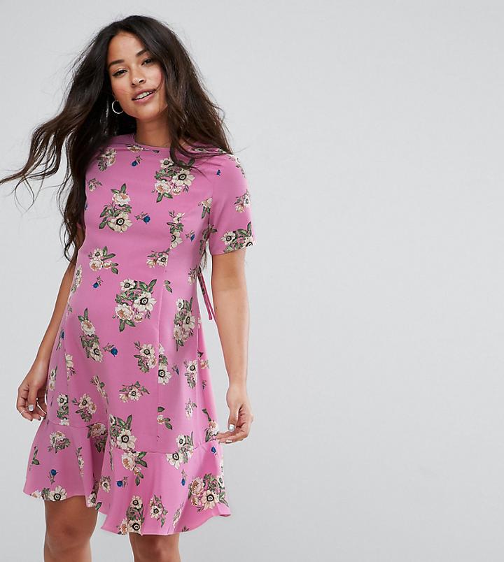 Asos Maternity Lace Up Back Tea Dress In Pretty Floral - Pink