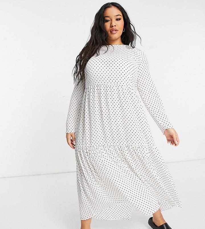 Asos Design Curve Long Sleeve Tiered Smock Midi Dress In White Polka Dot-multi