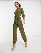 I Saw It First Button Front Utility Jumpsuit In Khaki-green