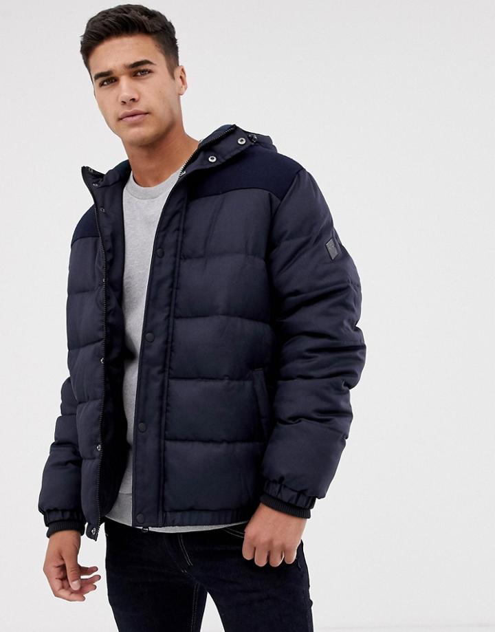 Threadbare Paneled Puffer Jacket With Hood - Navy
