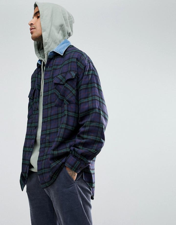 Mennace Oversized Check Shirt With Denim Collar - Blue