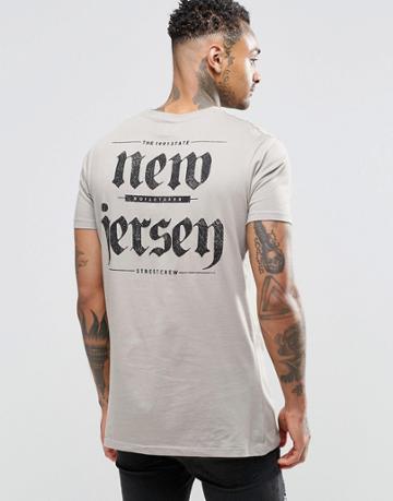 Asos Longline T-shirt With Gothic Text Back Print In Gray - Elephant Skin
