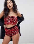Ebonie N Ivory Bandeau Crop In 3d Floral Ruffle Co-ord - Red