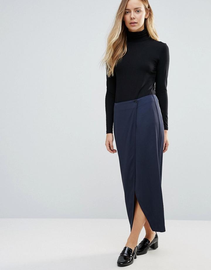 Ganni White Tailor Drape Front Midi Skirt - Navy