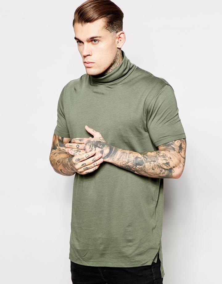 Asos Super Longline T-shirt With Drapey Roll Neck And Drop Hem - Khaki