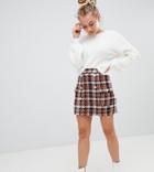 Asos Design Petite Boucle Check Double Breasted Mini Skirt With Pearl Buttons-multi