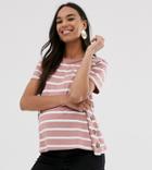 Asos Design Maternity Nursing T-shirt With Button Sides In Pink Stripe