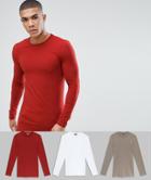 Asos Design Muscle Fit Longline Long Sleeve Crew Neck T-shirt 3 Pack Save - Multi