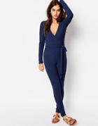 Missguided Ribbed Long Sleeve Wrap Jumpsuit - Navy