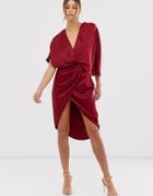 Asos Design Midi Dress In Satin With Asymmetric Kimono Sleeve - Purple