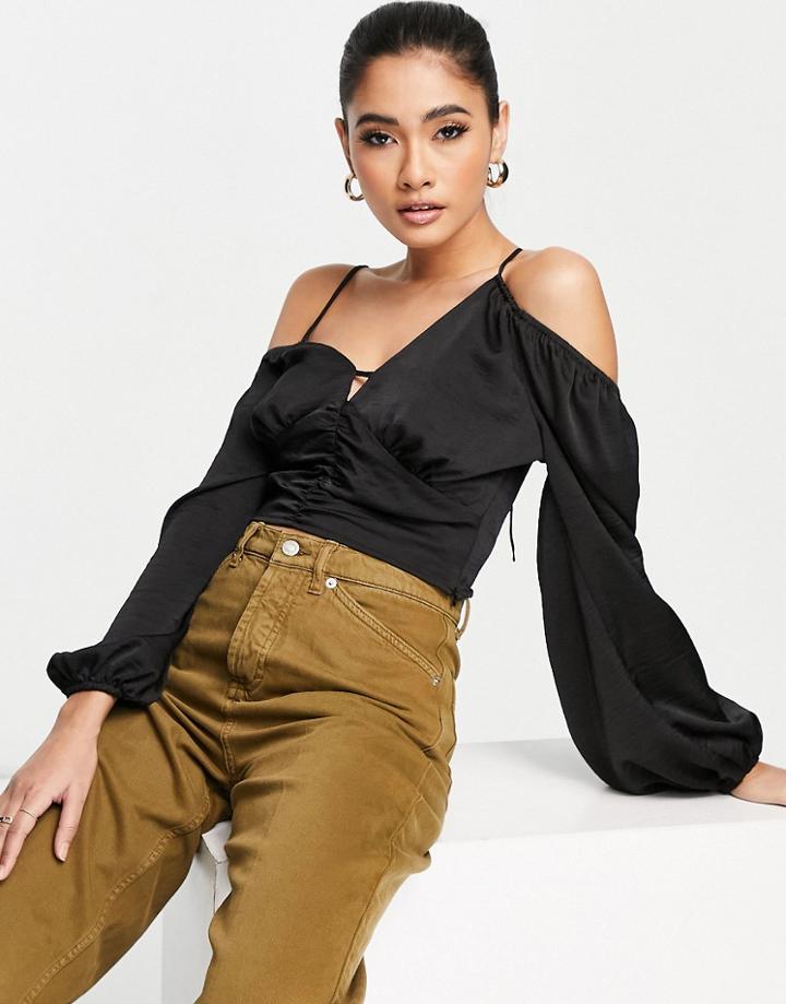 Topshop Strappy Gathered Long Sleeve Top In Black