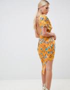 Asos Design Midi Dress In Floral Print Jacquard With Open Back - Multi