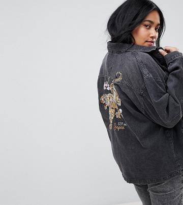 Chorus Plus Tiger Embroidery Oversized Denim Jacket - Black