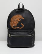 Asos Backpack In Black Faux Leather With Tiger Embroidery - Black