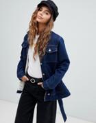 Asos Design Denim Belted Jacket In Indigo With Fleece Lining-blue