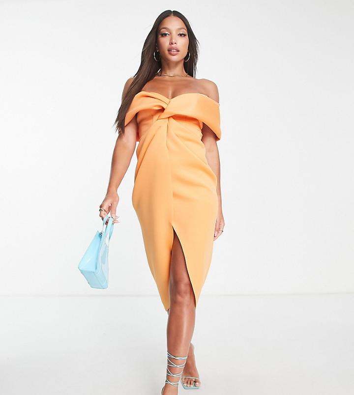 Asos Design Tall Off The Shoulder Front Twist Midi Dress In Apricot-orange