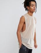 Asos Design Super Longline Sleeveless T-shirt With Dropped Armhole And Step Hem In Fine Mesh - Beige