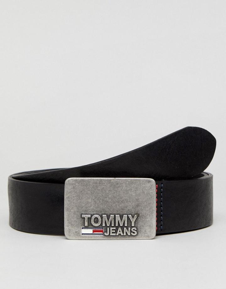 Tommy Jeans Leather Belt 4cm Wide Logo Plaque In Black - Black