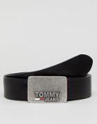 Tommy Jeans Leather Belt 4cm Wide Logo Plaque In Black - Black