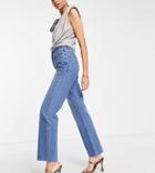 Asos Design Tall 90's Straight Jean With Raw Hem In Mid Blue