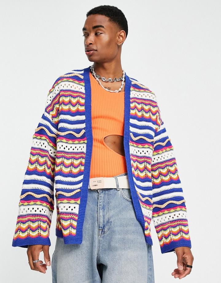 Asos Design Knit Crochet Cardigan In Multicolor Stripes