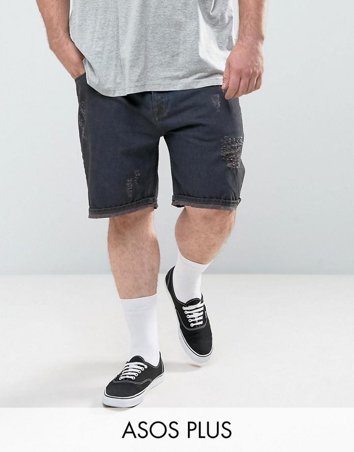 Asos Plus Slim Denim Shorts In Black With Rips - Black