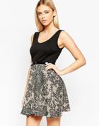 Club L Belted Skater Dress With Lace Print Skirt