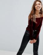 Bershka Velvet Bardot Top - Red