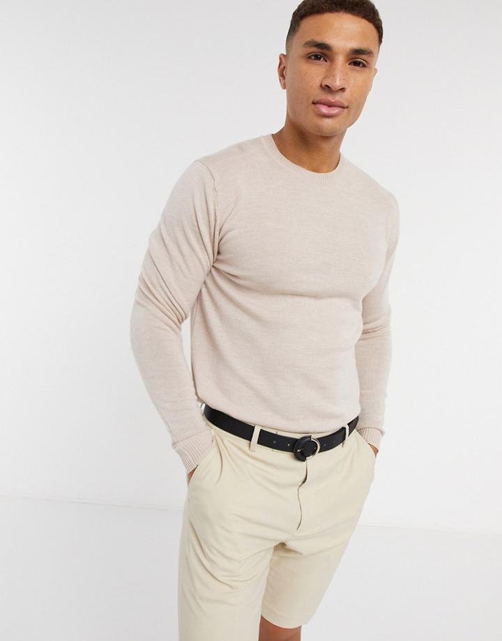 Asos Design Muscle Fit Merino Wool Crew Neck Sweater In Oatmeal Heather-neutral